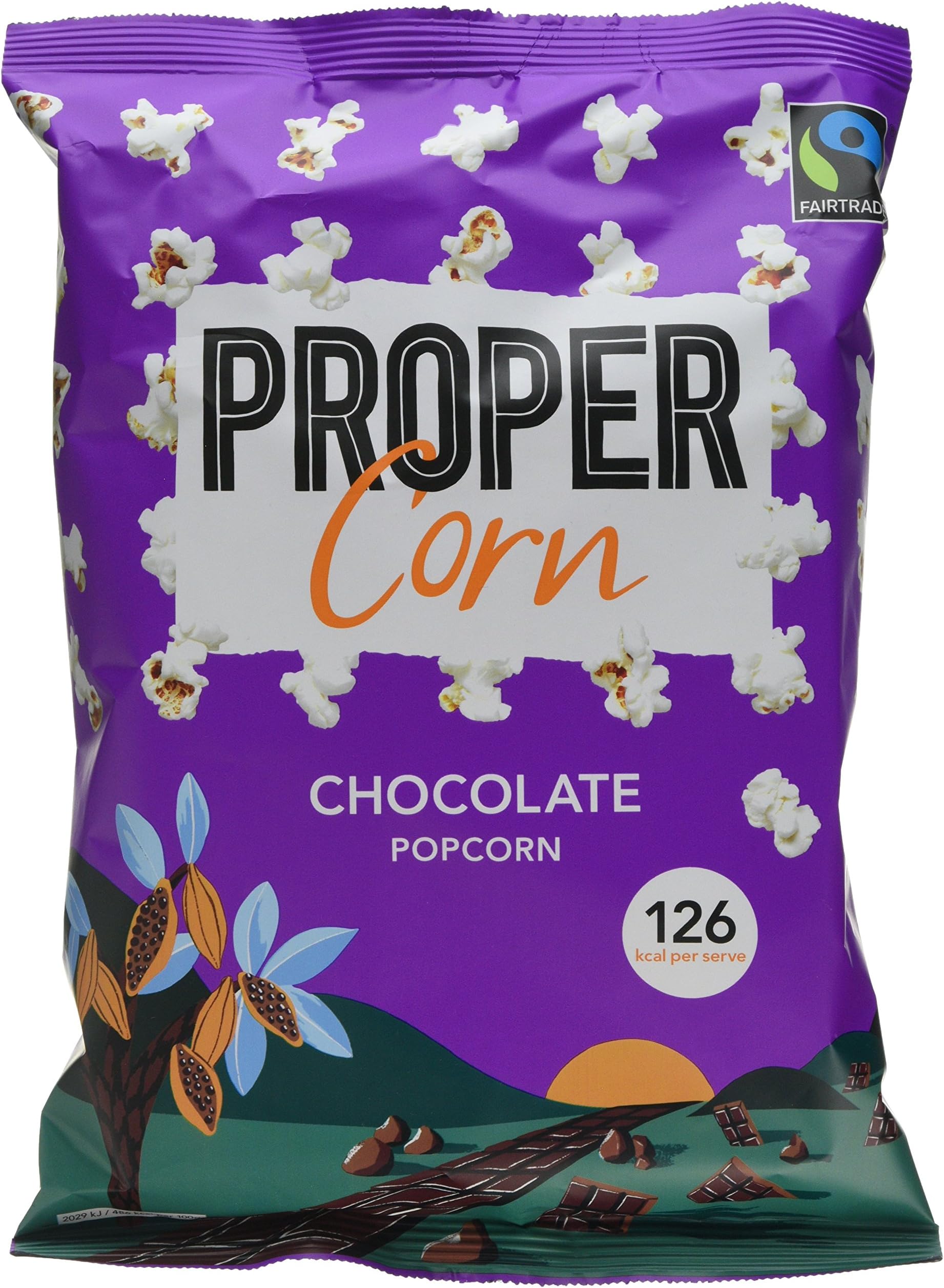 PROPERCORN Chocolate Popcorn, Natural Fairtrade Cocoa Seasoning, Vegetarian, Gluten-Free, Wholegrain Butterfly Corn, 126 kcal, 100g, Pack of 8