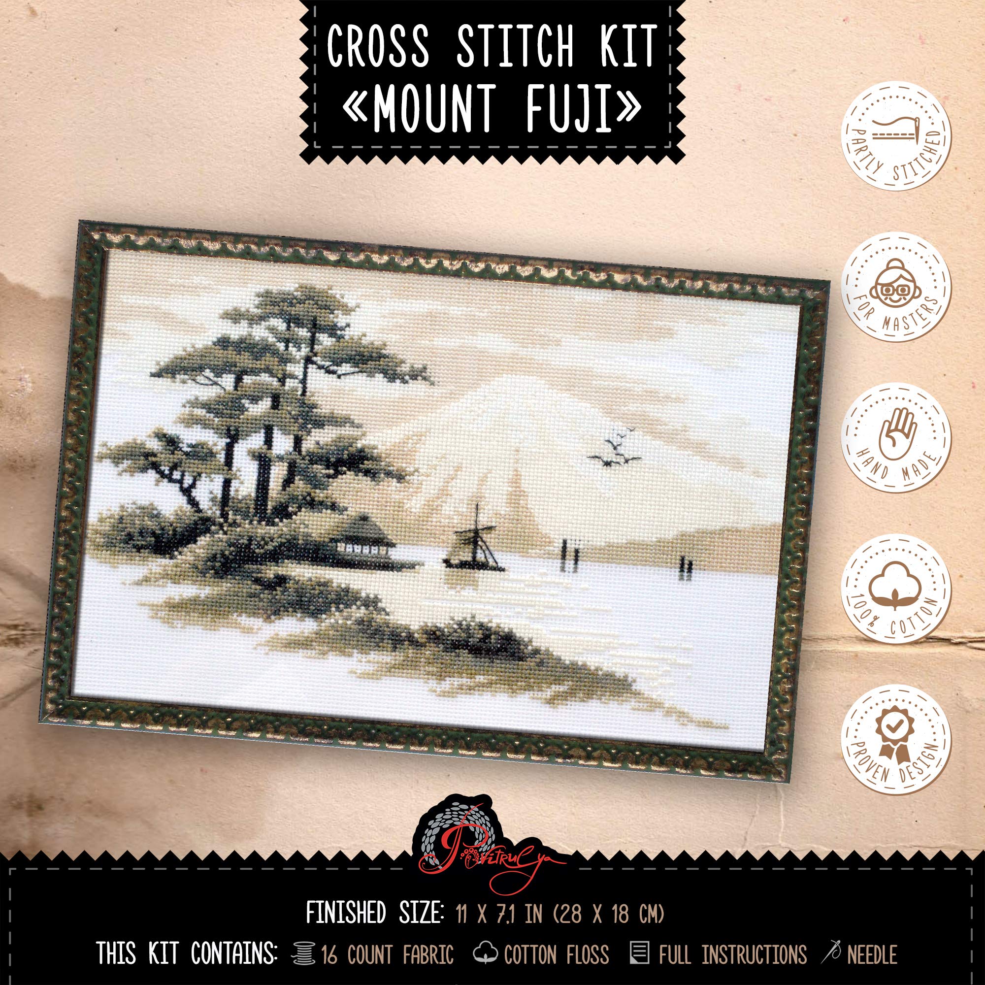 Povitrulya 'Mount Fuji', Japanese Landscape. Counted Cross Stitch Kit for Home Decor, 11" by 7.1"