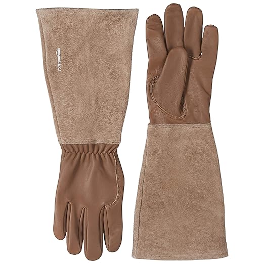 AmazonBasics Leather Gardening Gloves with Forearm Protection, Brown