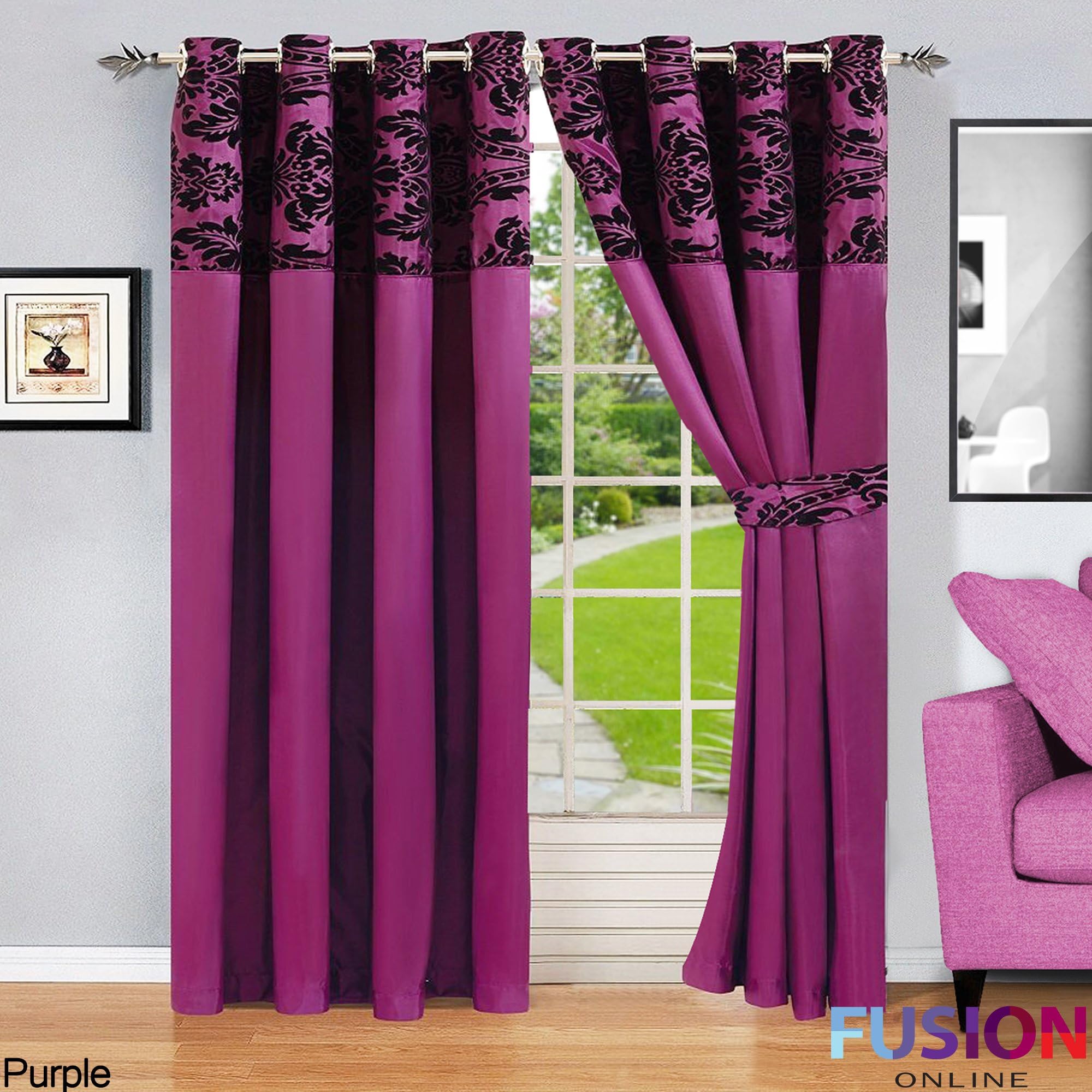 RING TOP FULLY LINED PAIR EYELET READY CURTAINS LUXURY DAMASK CURTAIN RING TOP (90" x 90" (228cm x 228cm), Purple)