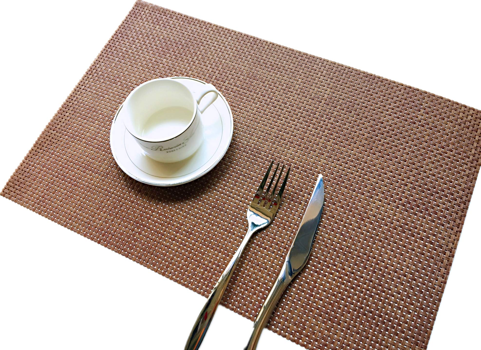 Addfun®Table Mats(Set of 6),Premium Washable High Quaity Non-Slip Insulation PVC Place Mats for Dinner Table,Brown