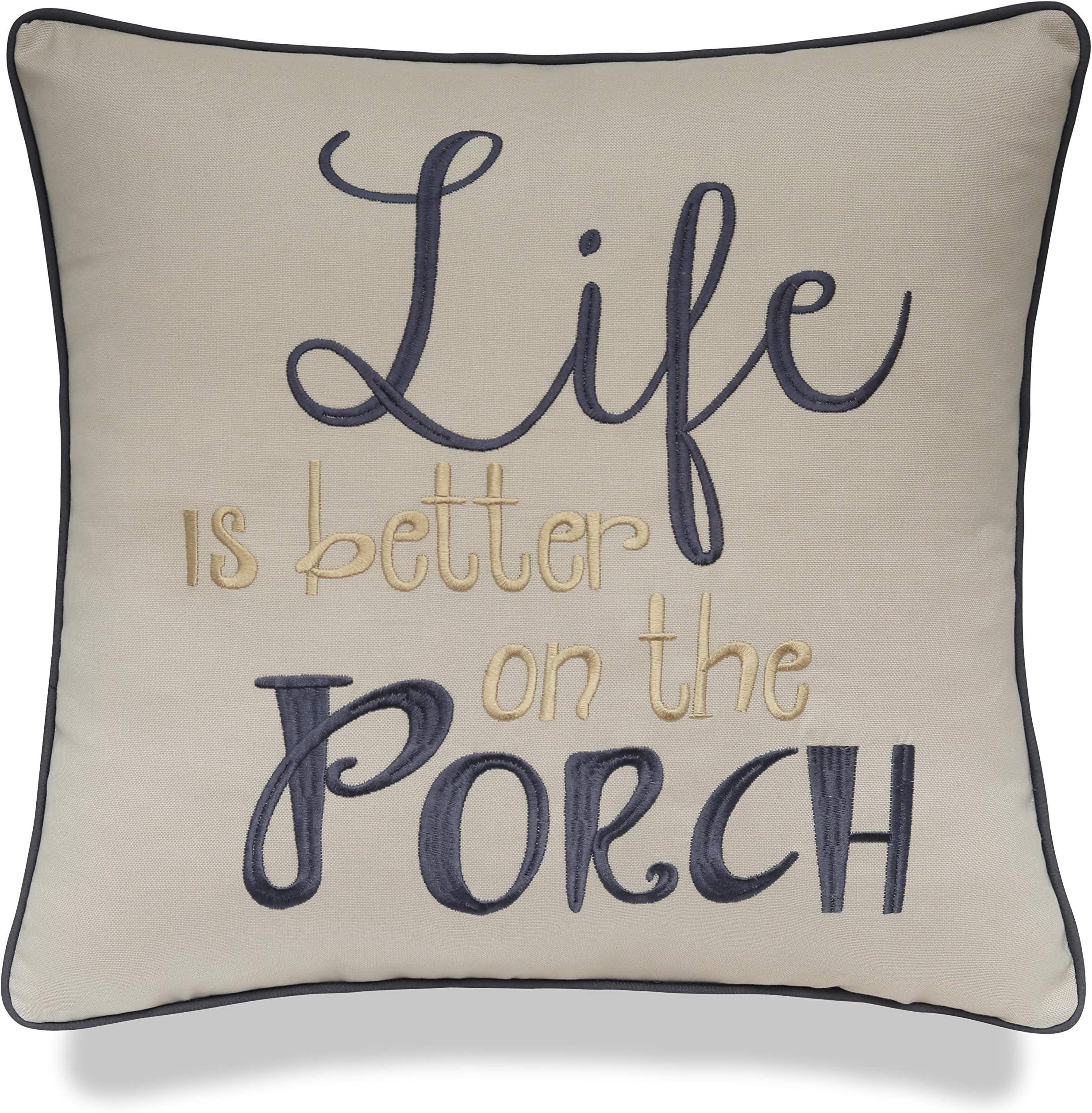 YugTex Life is Better On The Porch Embroidered Cotton Decorative Square Accent Throw Pillow Cover - Decor for Couch, Porch, New Home - 18x18 Inches, Natural