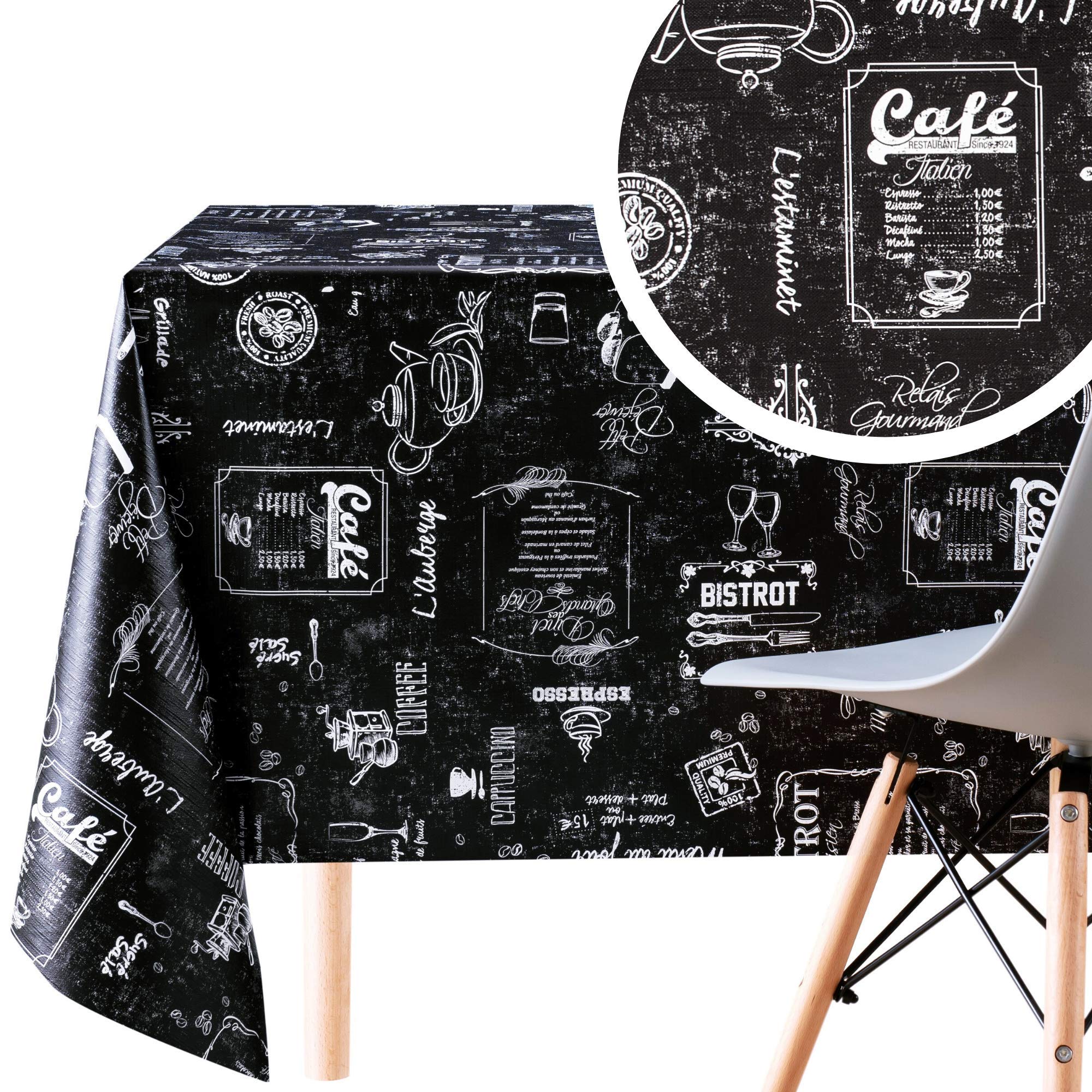 KP HOME PVC Wipe Clean Table Cloth Rectangular 250x140 cm / 98x55 In - Bistro Coffee Shop Design Wipeable Tablecloth up to 8 Seats - Waterproof Vinyl Oilcloth Black and White Chalkboard Style