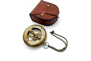 US HANDICRAFTS Brass Sundial Compass with Leather Case and Chain - Push Open Compass - Steampunk Accessory - Antiquated Finish - Beautiful Handmade Gift -Sundial Clock