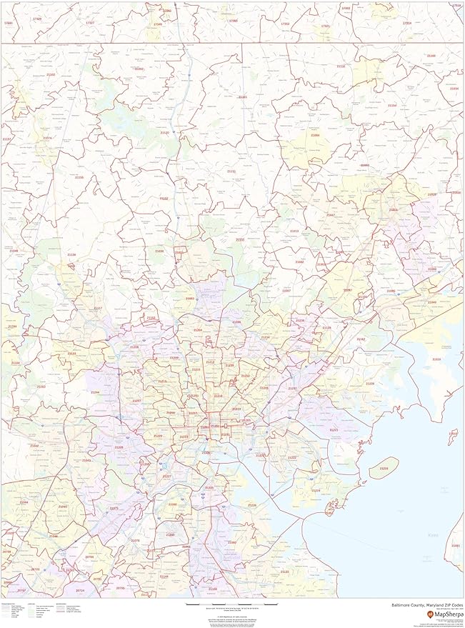 Baltimore County, Maryland Zip Codes 36" x 48" Paper Wall Map Office Products