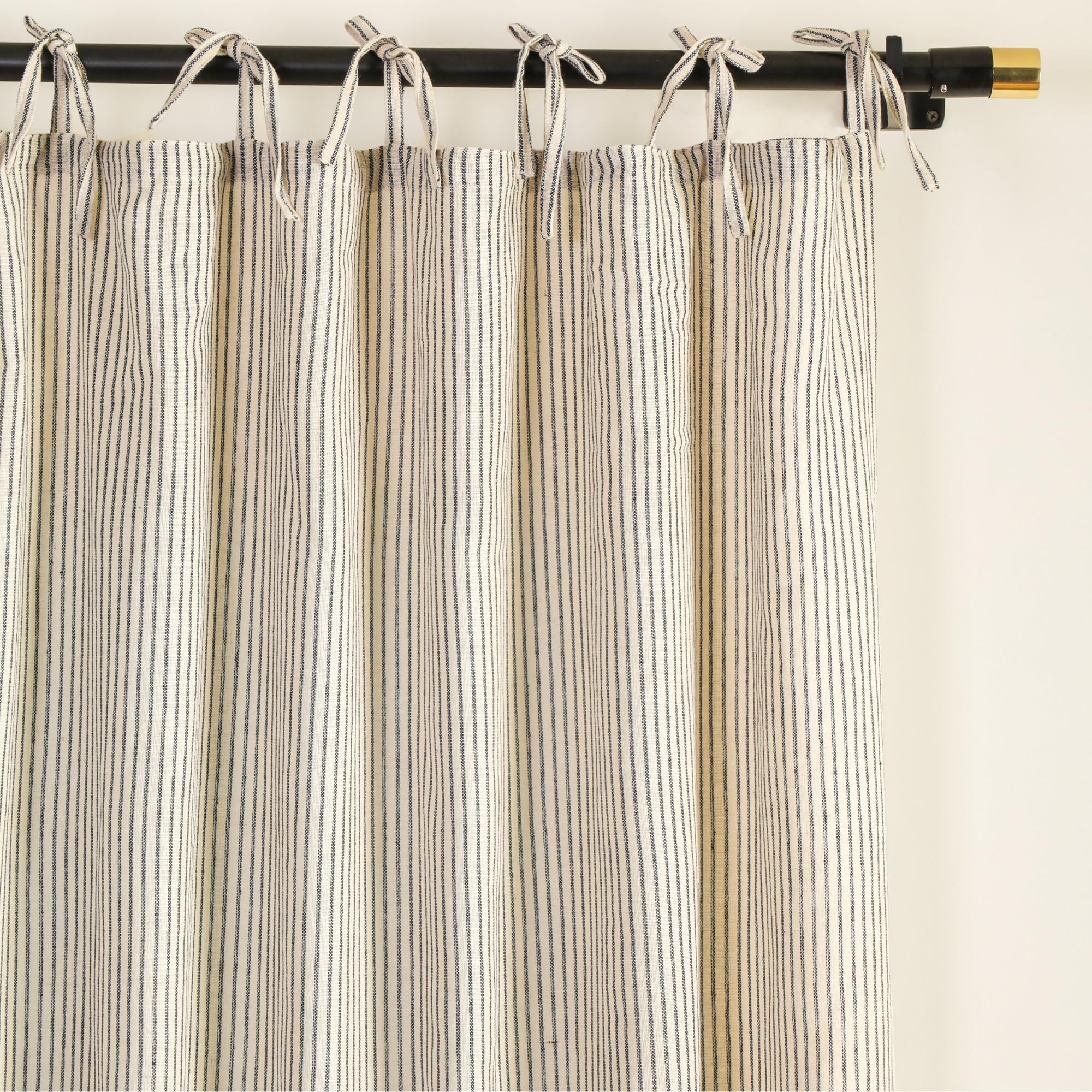 THE ART BOX Gauze Striped Curtains, Boho Linen Gauze Tie Top Hanging Curtains Light Filtering Door Window Treatment 2 Panel Drapes for Living Room Home Décor Black on Beige (63"x42" Each Panel)