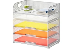Lavatino 5 Tray Paper Organizer Letter Tray with Handle - Mesh Desk File Organizer, Paper Sorter Organizer for Office, Home or School File Folder Holder - White