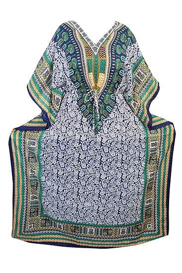 Mogul Womens Kaftan Dress Colorful Dashiki Tribal Printed Kimono Dress Caftan Cover Up (Blue-2)