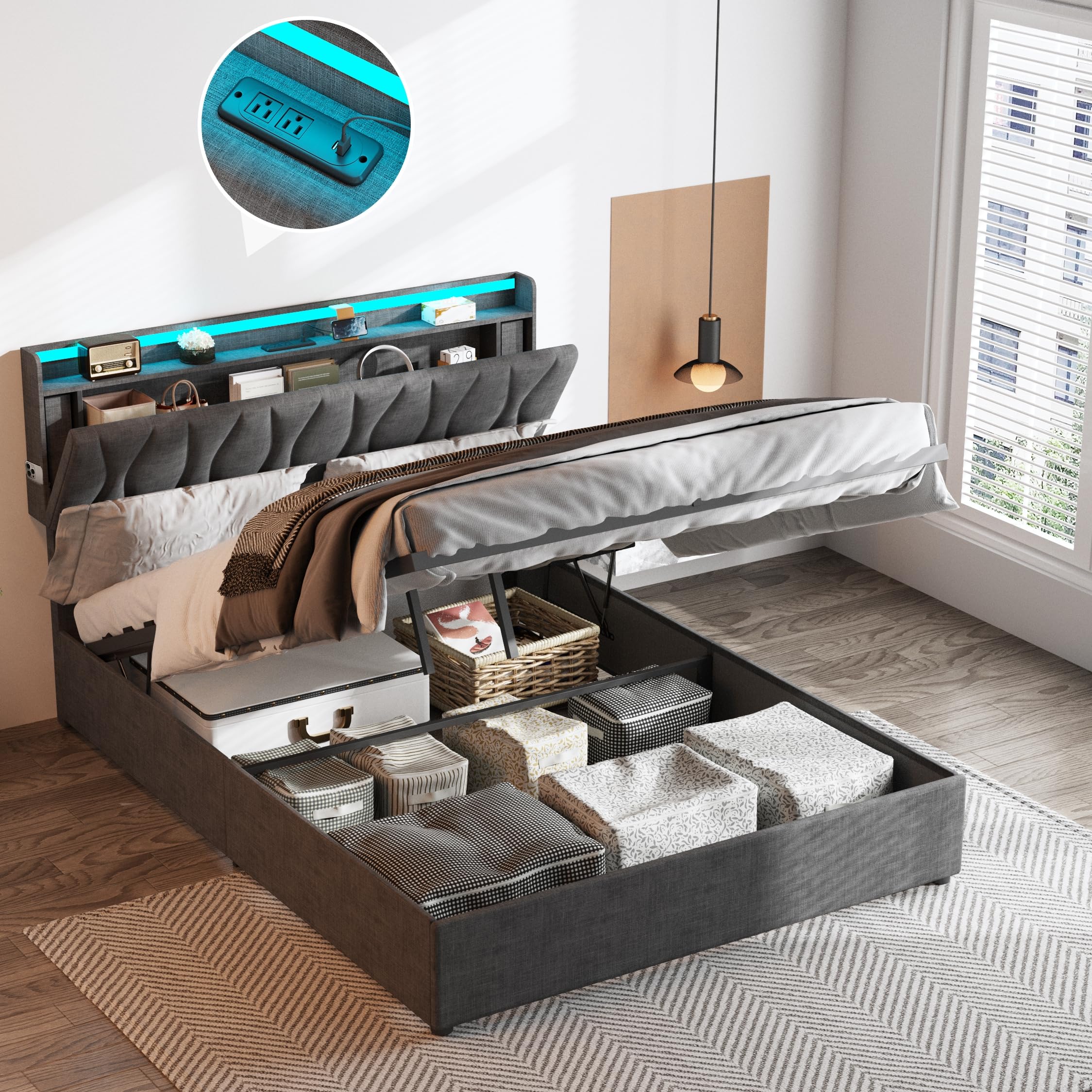 Photo 1 of ***(DAMAGE -PARTS ONLY -SELLING AS IS )***
Queen Size Lift Up Storage Bed Frame, Height Adjustable Storage Headboard with Charging Station, LED Lights Upholstered Platform Bed, Wooden Slat Support, No Box Spring Needed, Noise-Free, Dark Grey