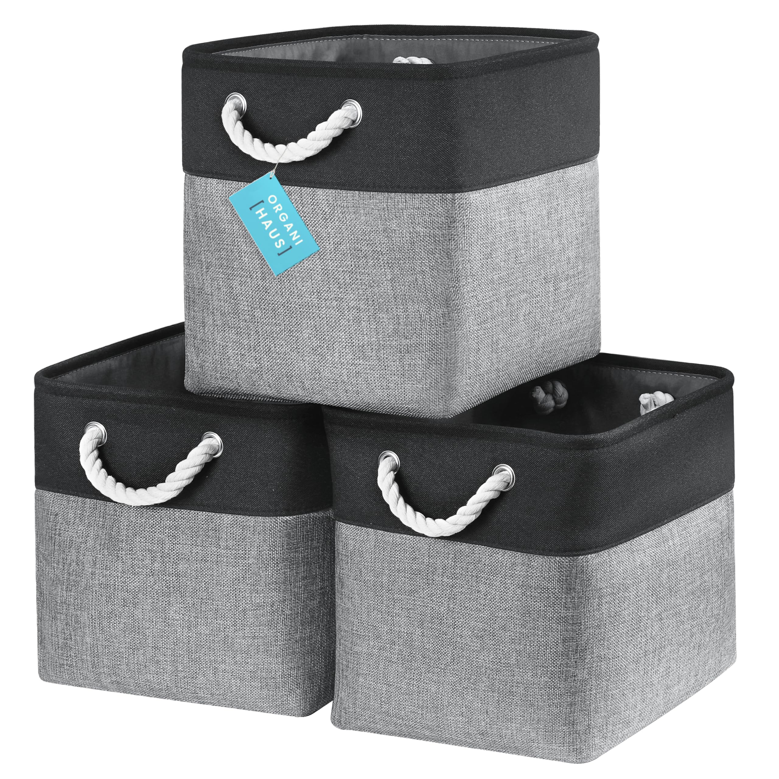 OrganiHaus Fabric Storage Boxes, Set of 3 Foldable 28x28 Cube Organiser Bins with Rope Handles for Shelves, Nursery & Closet, Collapsible Storage Baskets for Toys, Clothes & More - Grey/Black
