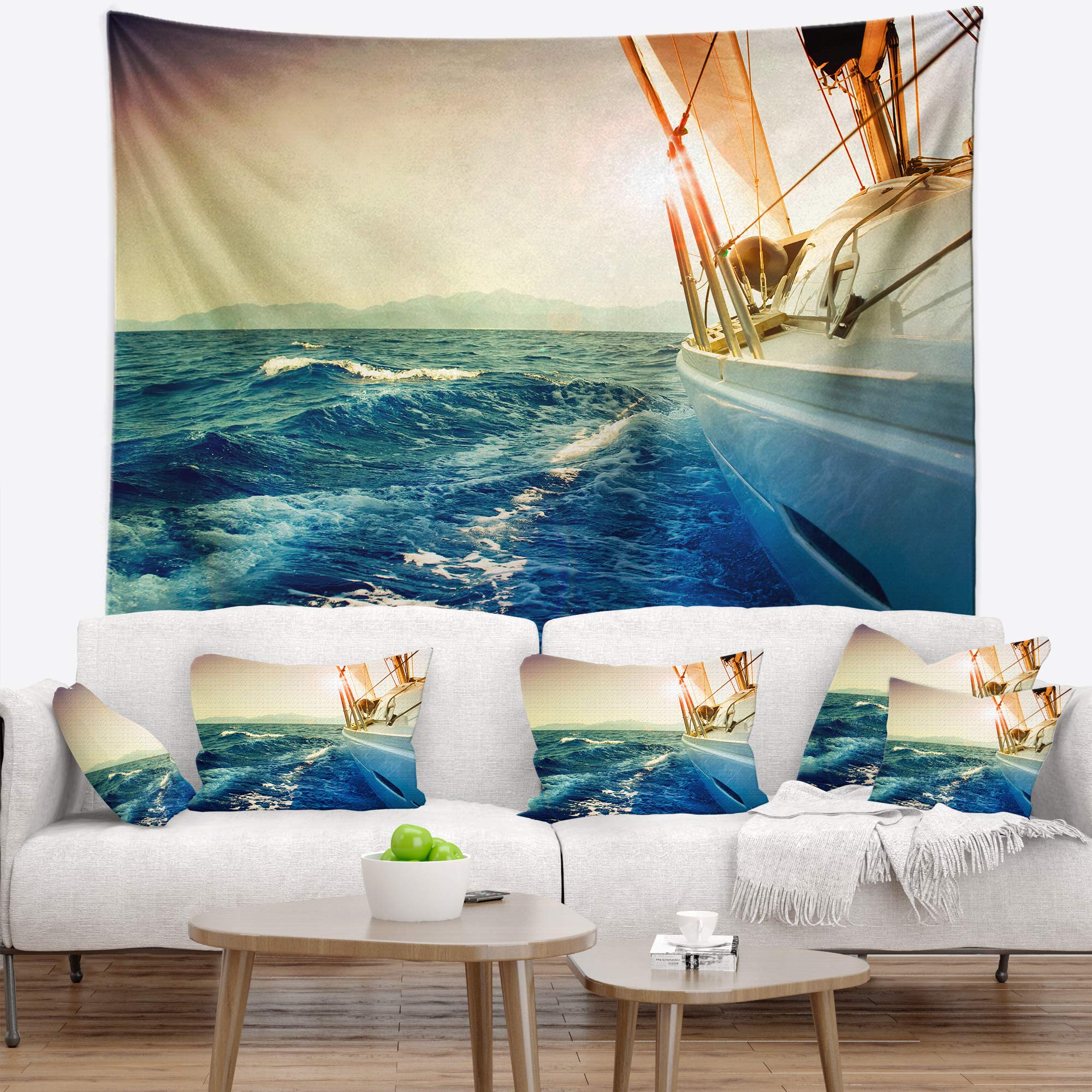 Photo 1 of ***similar item******** ' Sepia Toned Yacht Sailing in Sea' Seashore Tapestry Blanket Décor Wall Art for Home and Office Large: 50 in. x 60 in