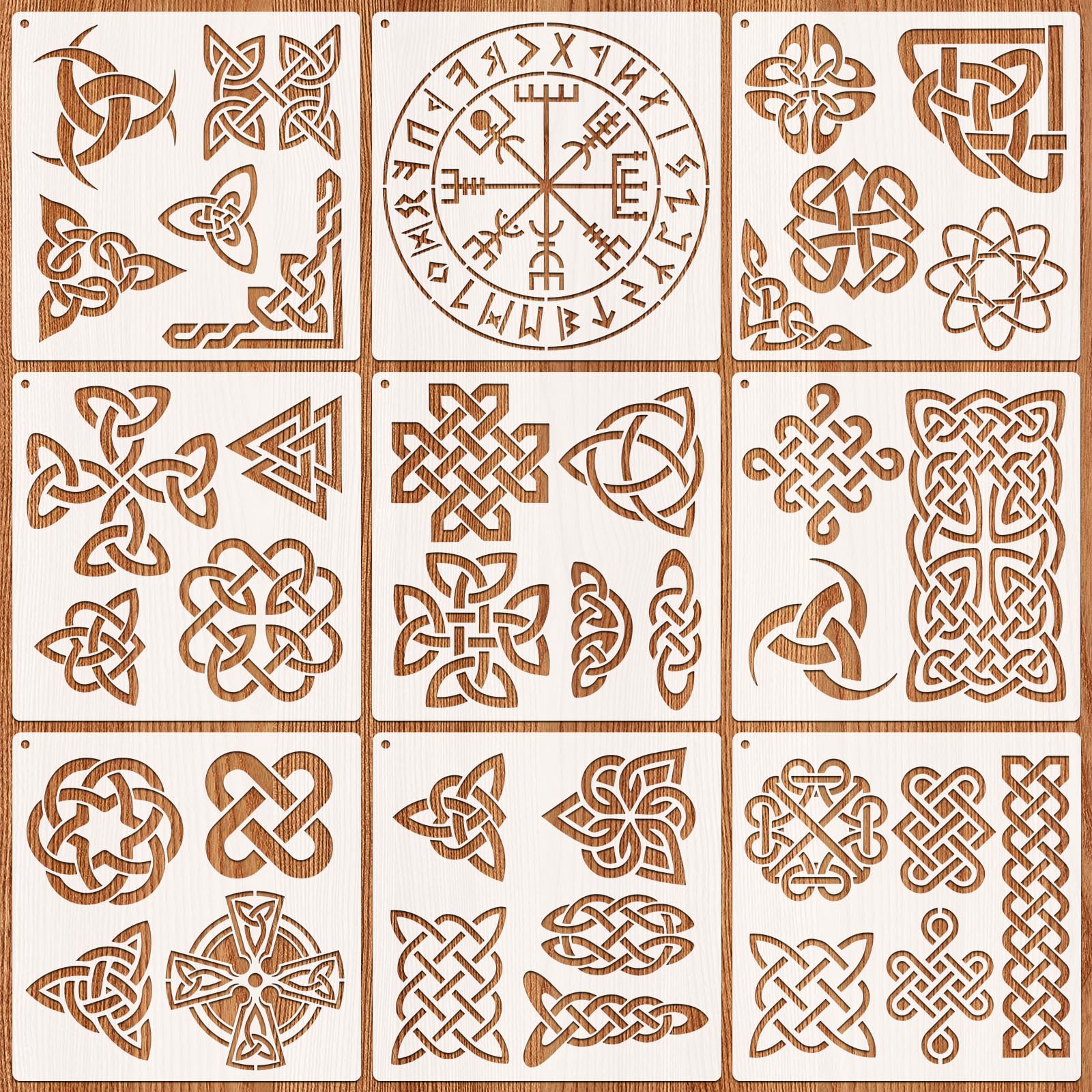 JSRQT 9Pcs Runes Stencils for Painting,Celtic Drawing Template, Reusable Viking Symbol Stencil for Painting On Wood, Stones, Fabric, Floor, Wall 7.9 Inches