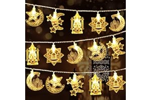 Hiboom 1 Pack 16 ft Moon Star Ramadan String Lights 30 LEDs, Battery Operated Eid Mubarak Fairy Lights for Ramadan Decoration, Eid Decorative Lights with Remote Control (Warm White)