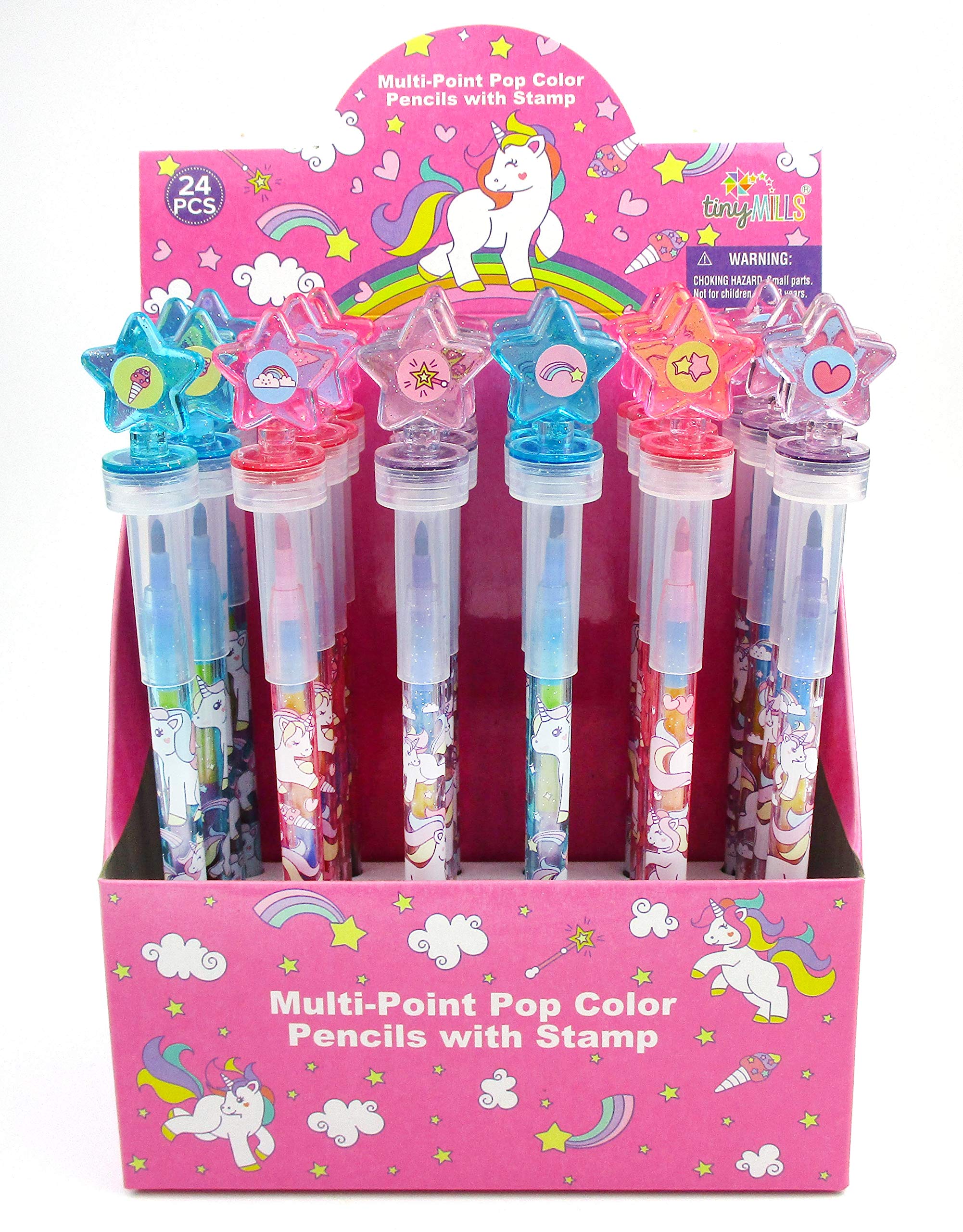 TINYMILLS 24 Pcs Unicorn Rainbow 2 in 1 Stacking Crayons with Stamp Topper, Kids Party Favors, Pinata Fillers for Girls Birthday Party, Goodie Bag Stuffers, Classroom Prizes Rewards