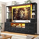 EnHomee 65" TV Stand for Living Room, Large Entertainment Center with 11 Fabric Drawers, 2 LED Lights & Power Outlets, Modern Dresser with Storage Shelves, Wall Unit for Bedroom, Black