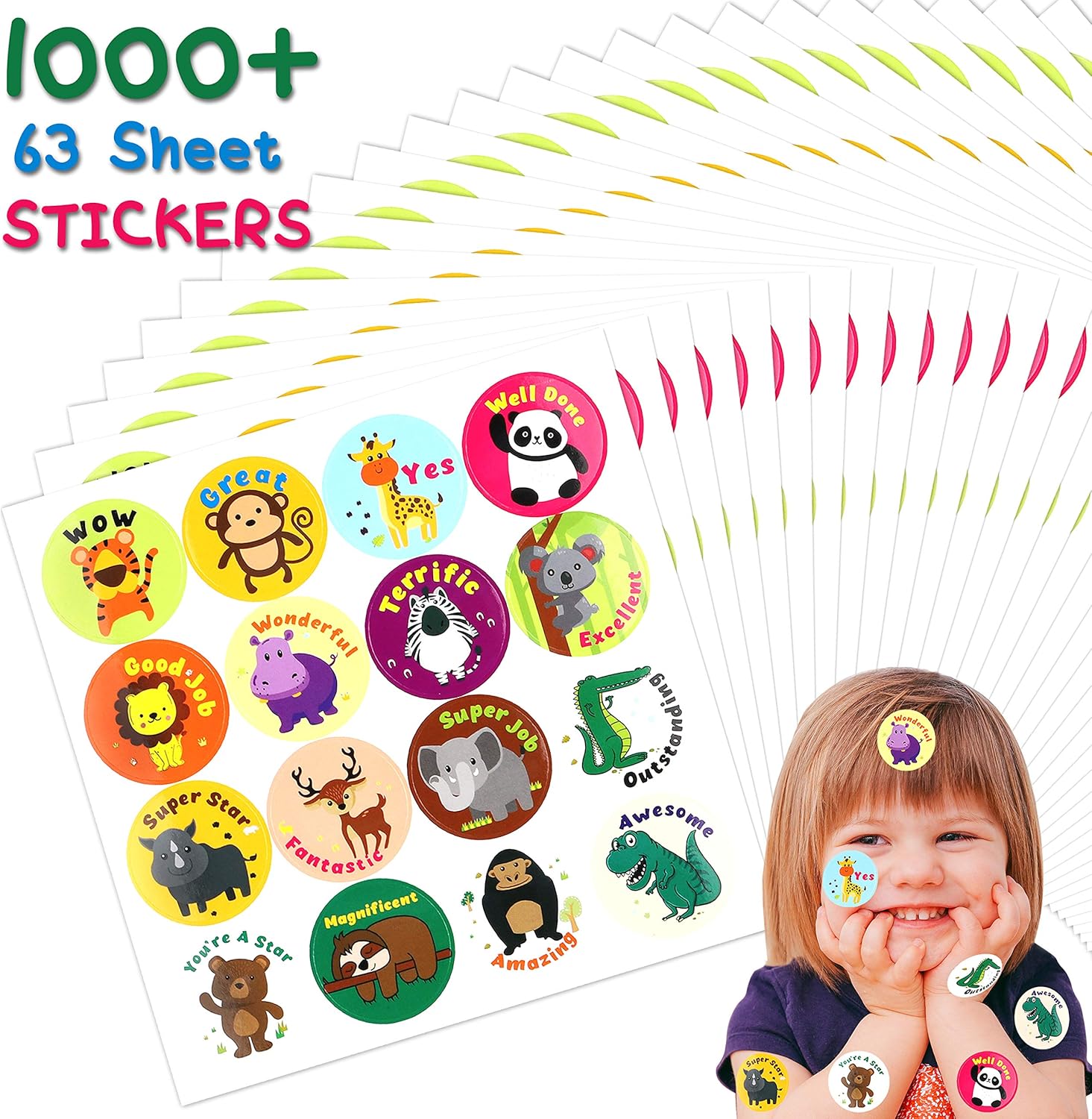 WATINC Reward Stickers 1000+ Count 1.5" 63 Sheets for Kids Teacher Kawaii Animals Panda Tiger Classroom Motivational Sticker Encouragement Behavior Stickers Scrapbooking Birthday Gift for Boys Girls : Office Products