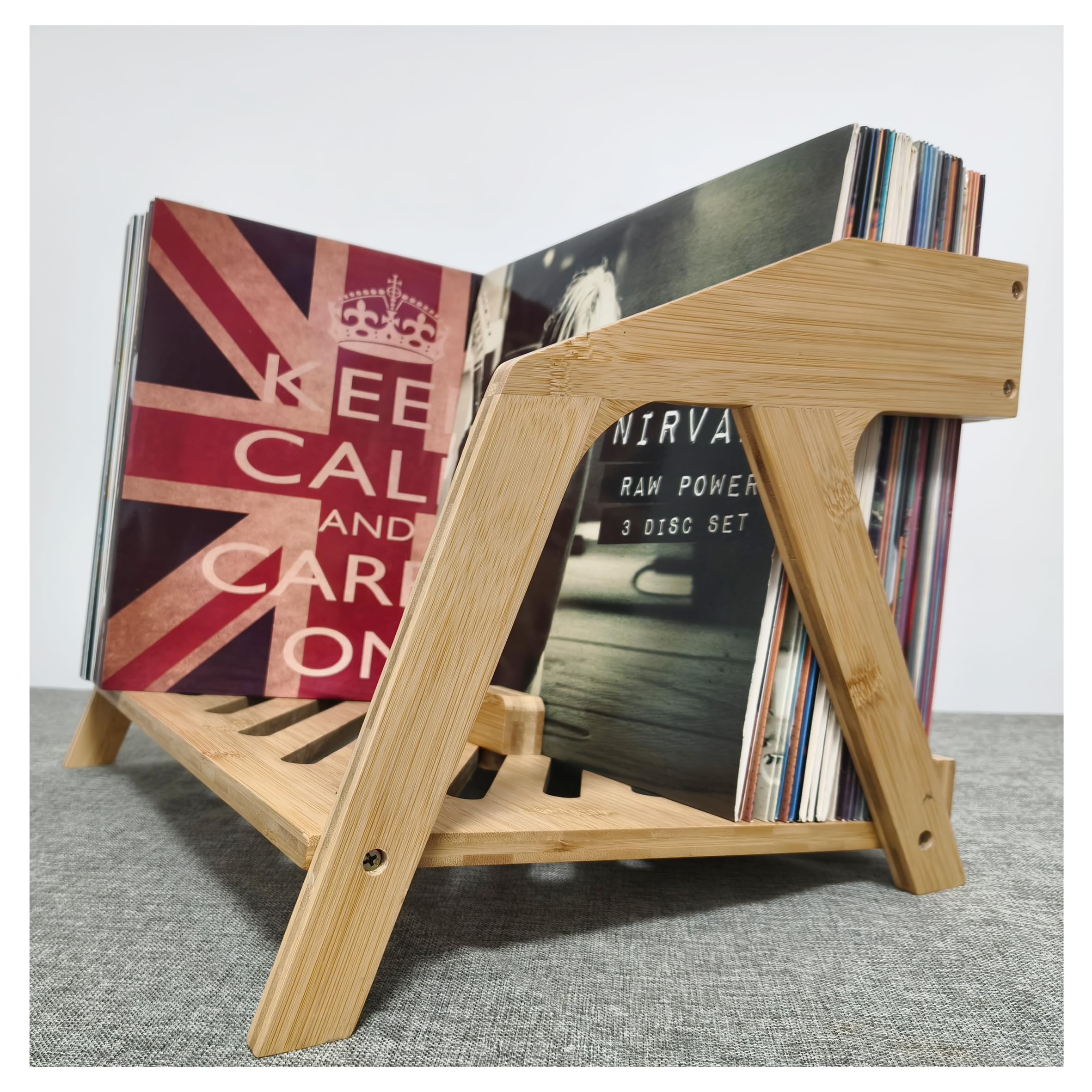 Bamboo Vinyl Record Holder - Stylish Chair Design, Holds Up to 80 12" LPs, Elegant Vinyl Record Storage, CD & Magazine Rack, Book Holder (Natural)