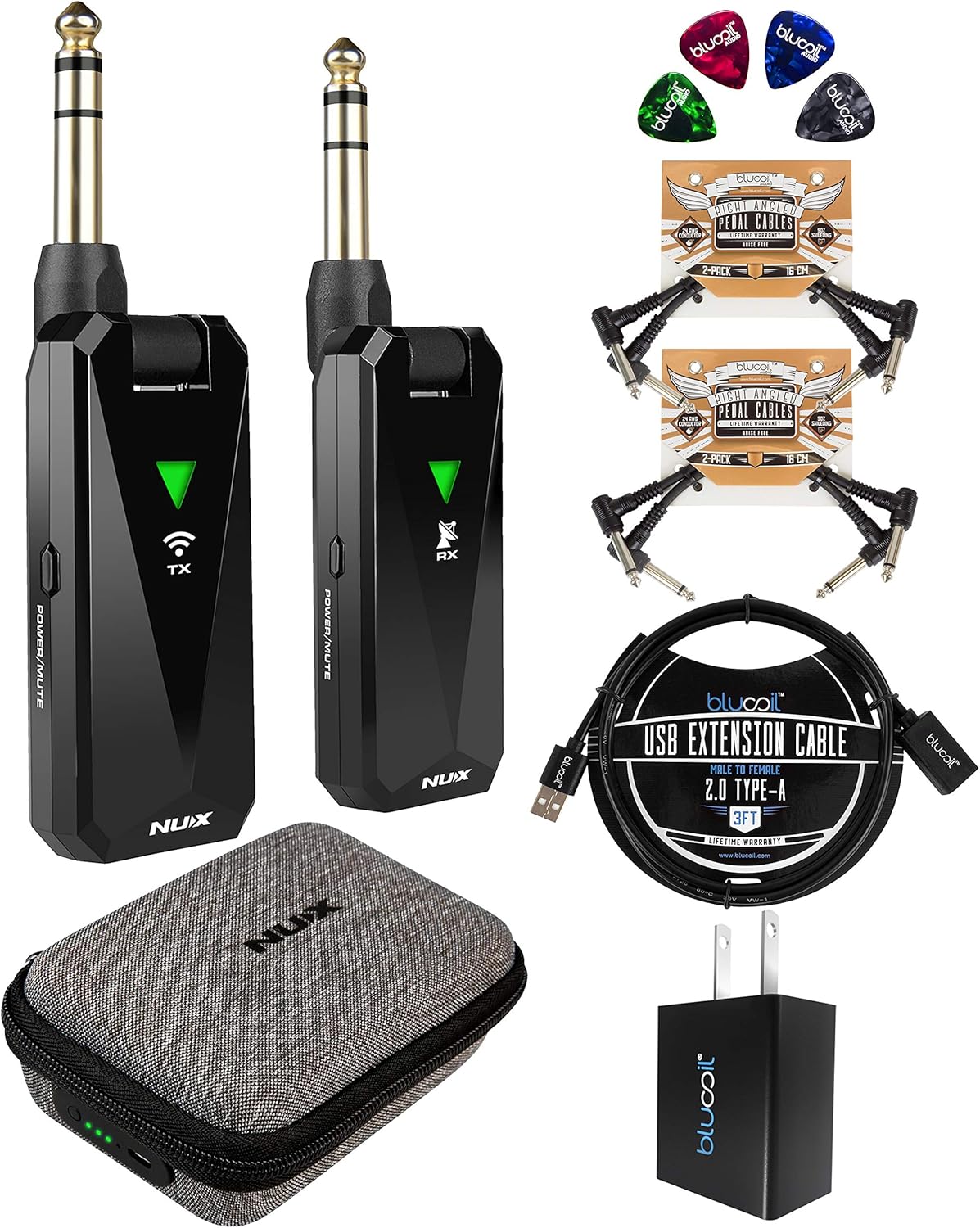 NUX B-5RC Wireless Guitar System for Electric Guitars, Bass, Ukuleles, Active Pickups Bundle with Blucoil USB Wall Adapter, 3-FT USB 2.0 Type-A Extension Cable, 4X Patch Cables, and 4X Guitar Picks: Home Audio & Theater
