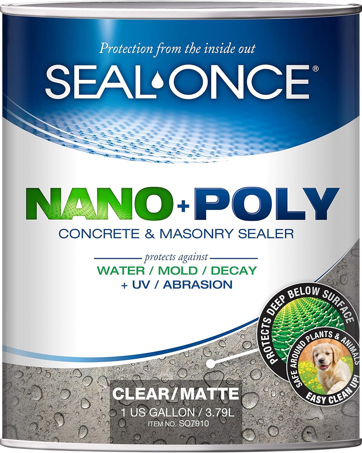 SEAL-ONCE SO7910 Nano+Poly Concrete & Masonry Penetrating Sealer & Waterproofer, Ultra-Low VOC, Water-Based with Polyurethane-Driveways, Patios & Brick (1 Gallon), Clear