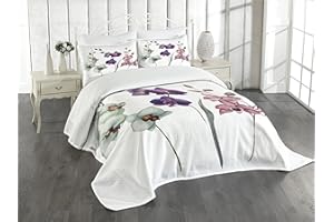 Lunarable Watercolor Flower Bedspread, Different Orchid Flowers on Clear Background Exotic Blooms, Decorative Quilted 3 Piece Coverlet Set with 2 Pillow Shams, King Size, Rose Purple
