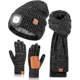 LED Beanie Gloves Scarf Set, Winter Hat with Light Built in Headlamp Caps Long Scarf Touchscreen Gloves, 3 in 1 Warm Gift Set