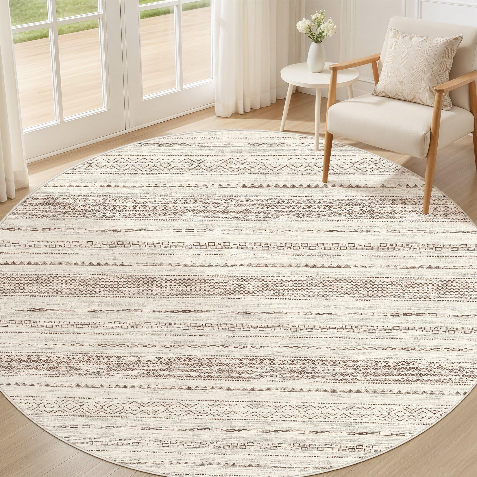Photo 1 of Nakagishi Round Rug Boho Area Rugs: 5x5 Washable Large Circle Neutral Soft Stain Resistant Non-Slip Carpet for Women Aged 25-45 Farmhouse Decor Enthusiasts - Living Room Bedroom Dining Room Nursery