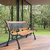 S AFSTAR Outdoor Garden Bench, Wooden Park Bench with Diamond Weaving Backrest &amp; Stable Metal Legs, Porch Bench Weatherproof for Outside Patio Lawn Front Porch