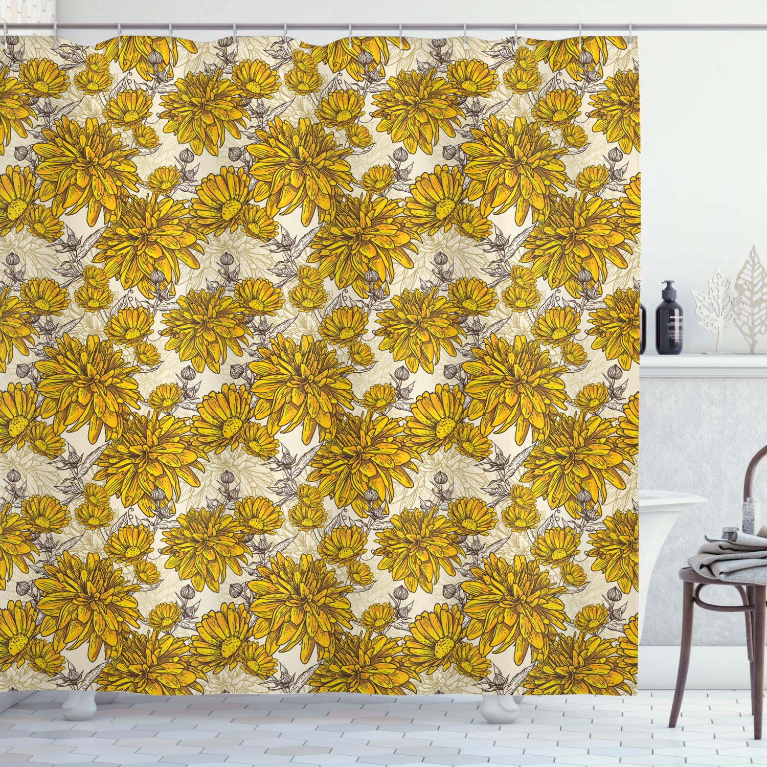 ABAKUHAUS Floral Shower Curtain, Lily Carnation Bouquet Beauty Botany Field Flourishing Mother Nature Theme, Cloth Fabric Bathroom Decor Set with Hooks, 70 Inches, Earth Yellow Beige