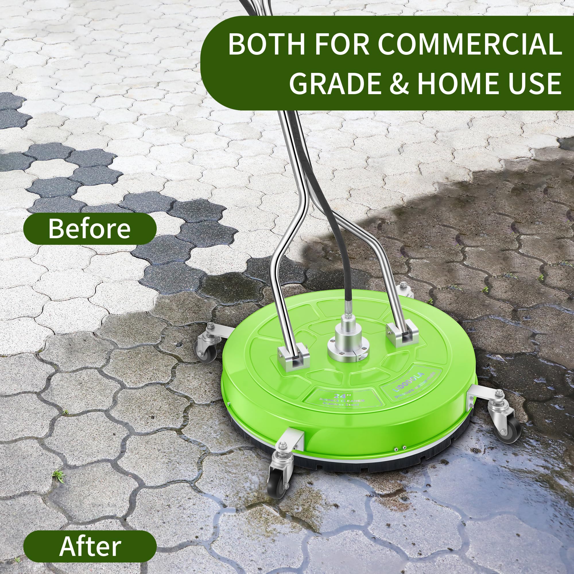 24“ Pressure Washer Surface Cleaner with 4 Wheels - Coated Green Dual Handle Stainless Steel Surface Cleaner for Pressure Washer Attachment for Concrete, Patio, Sidewalk, Deck and Driveways - PWS24G