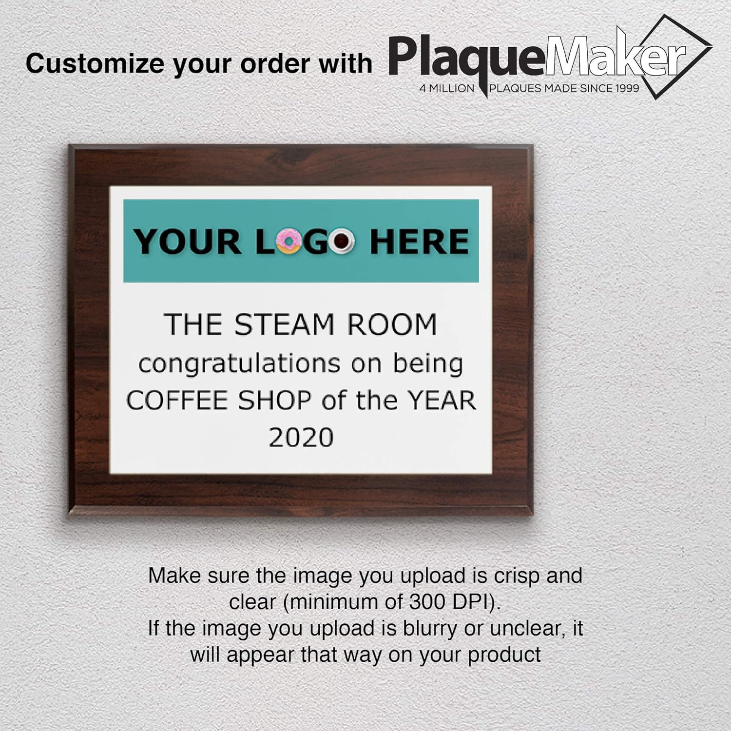 PlaqueMaker Personalized Award Plaque, Aluminum Recognition Certificate, Customized Text and Picture Options (8" x 10", White Metal, Coated Cherry Board) : Office Products