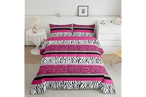 FEELYOU Zebra Stripes Comforter Leopard Print Comforter Set For Kids Boys Girls Pink Black White Zebra Leopard Fur Bedding Set Ultra Soft Decor Wild Animal Skin Texture Pattern Duvet Set Queen Size Quilt Set