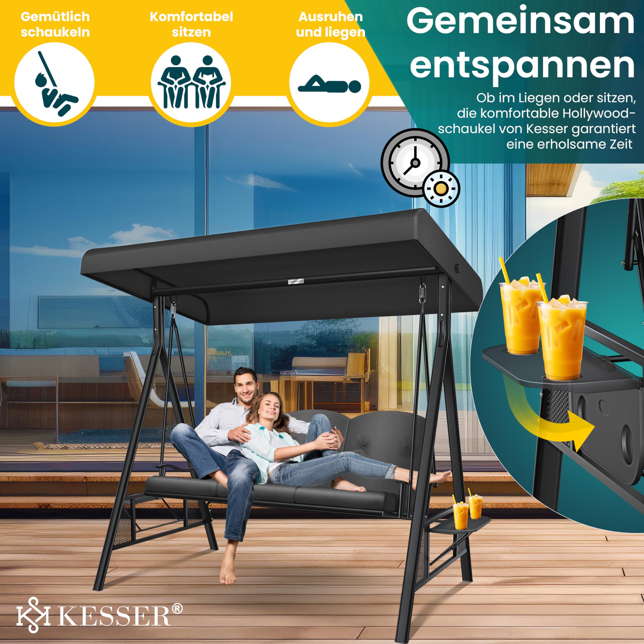 KESSER® Hollywoodschaukel mit Sonnendach 3-Sitzer & Sitzpolster-Auflage | Gartenschaukel bis 360kg belastbar | Gartenliege mit Anti-Rutsch-Füßen | Schaukelbank wasserabweisend für Outdoor & Indoor 5