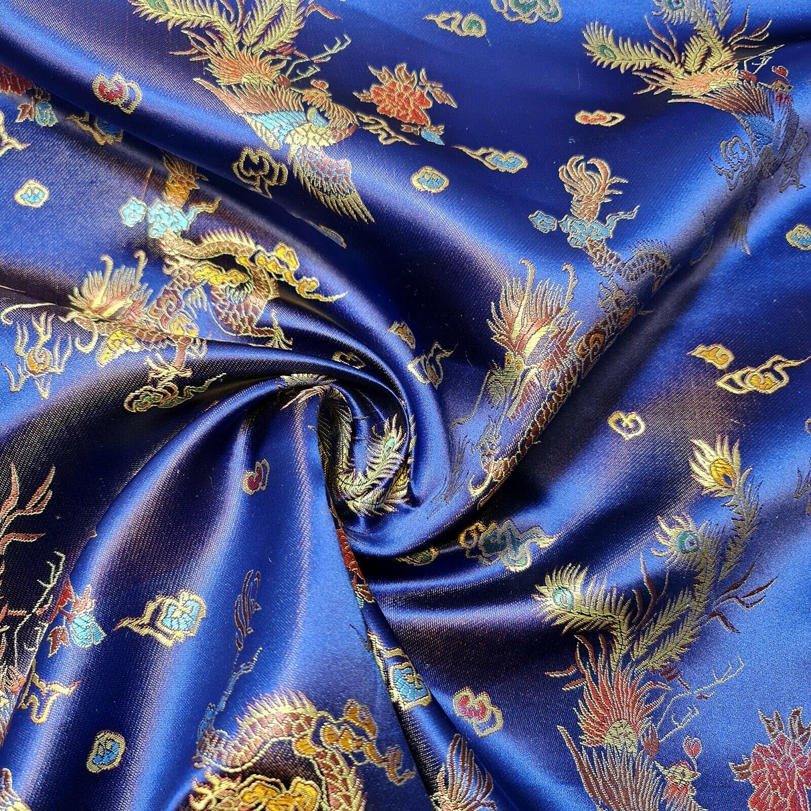 Oriental Chinese Embroidery Brocade Poly Silk Satin Oriental Dragon Fabric 36" (Navy Blue, 5 Meter)