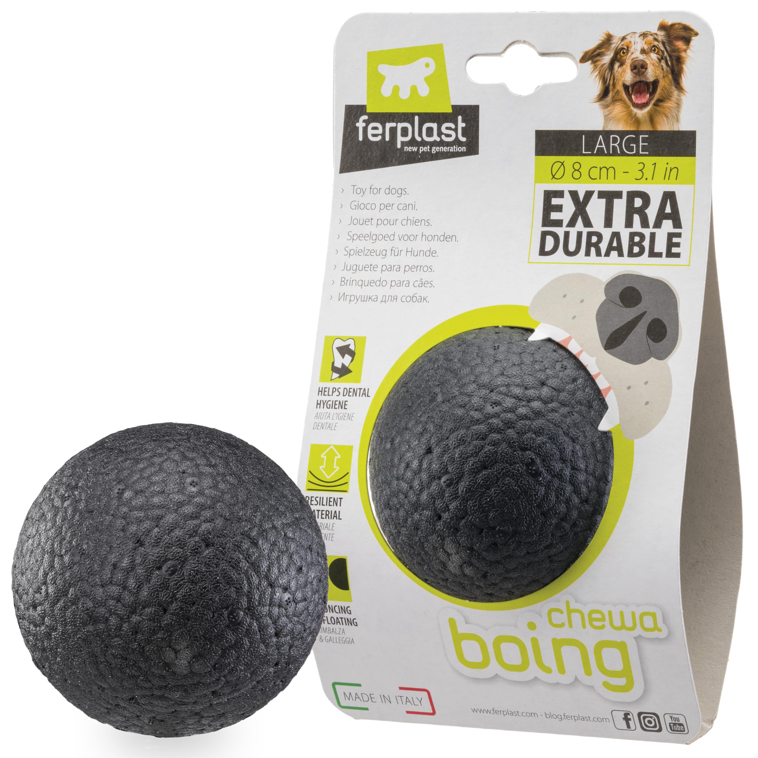 Ferplast CHEWA BOING BALL Dog Toy Super Bouncing & Floating - Innovative Chewing-Resistant Material - 3D Texture for Dental Hygiene - Ultra Durable - Italian Design - Size L, Black — image 1