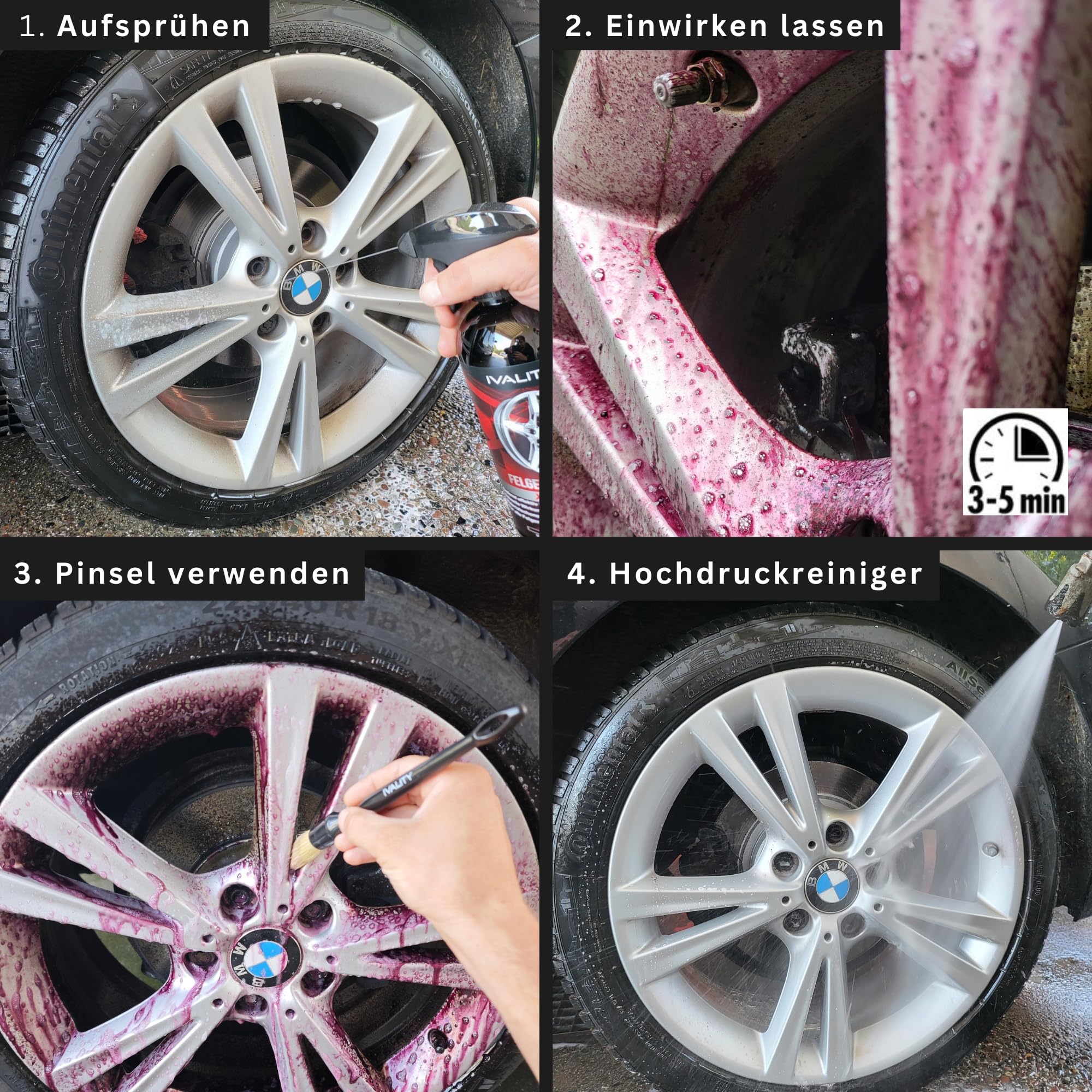 Ivality® Premium Felgenreiniger Set - Mit Wirkindikator & schonend - Felgen Reiniger Auto, Rim Cleaner, Alufelgen Reiniger, Wheel Cleaner, Alu Felgen Reinigung, Detailing Pinsel + 2 Mikrofasertücher 6