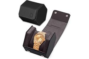 QWATCHBANDS Single Leather Watch Case for Men - Hexagon Watch Roll Travel Case - Genuine Napa Leather with Luxury Velvet Interior - Storage & Display Holder for 1 Watch (Black/Charcoal)