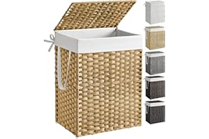 SONGMICS Laundry Hamper with Lid, 23.8 Gallon (90 L) Synthetic Rattan Clothes Laundry Basket with Lid and Handles, Foldable, Removable Liner, Goose Yellow ULCB51NL