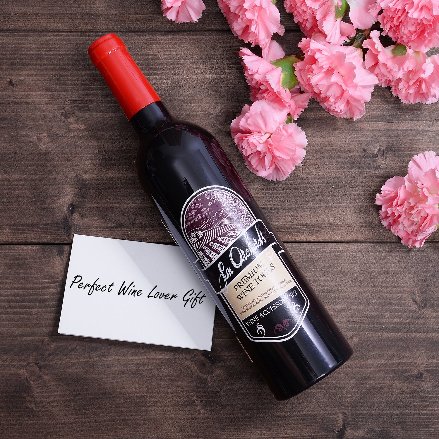 Wine Opener Set , 5 Pcs Deluxe Wine Accessory Set- Includes Corkscrew, Stopper, Aerator Pourer, Foil Cutter, Silver Glass Paint Marker w/ Fun Static Cling Reusable Drink Markers Stickers in Gift Box, Red