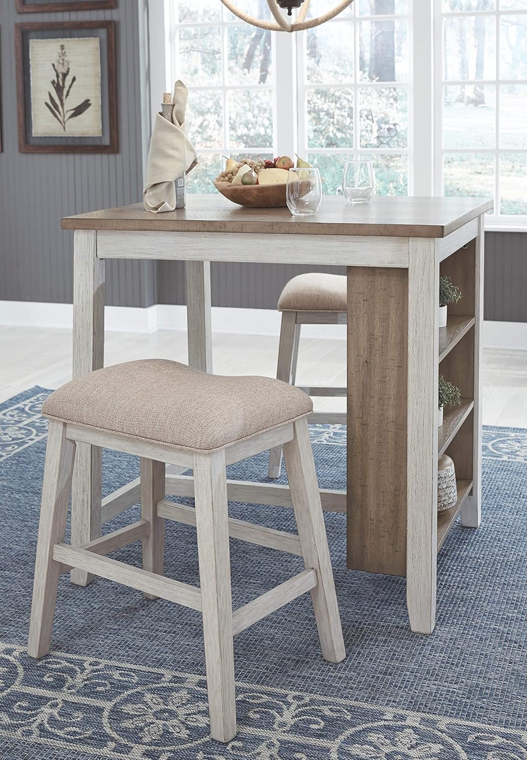 Signature Design by Ashley Skempton Counter Height Dining Room Table and Bar Stools (Set of 3), White/Light Brown - Table & Chair Sets