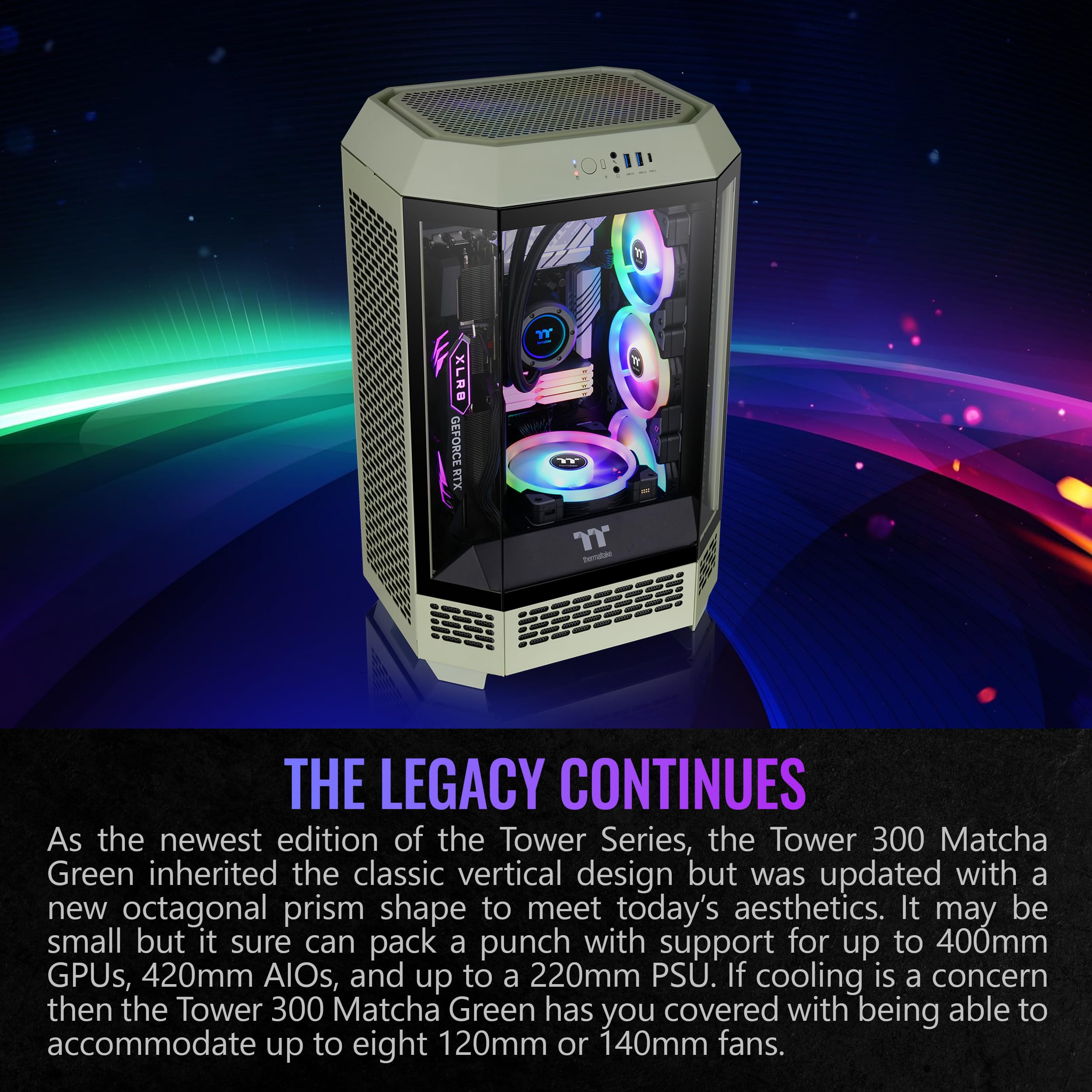 Thermaltake Tower 300 Matcha Green Micro-ATX Case; 2x140mm CT Fan Included; Support Up to 420mm Radiator; Optional Chassis Stand Kit Allows Horizontal Display; CA-1Y4-00SEWN-00; 3 Year Warranty