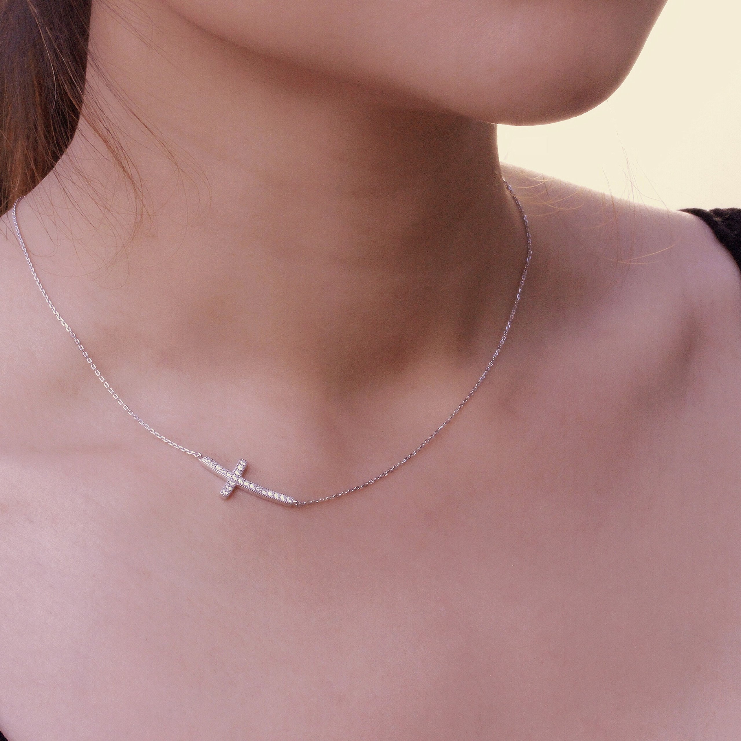 Spoil Cupid Rhodium-Plated Sterling Silver Cubic Zirconia Curved Sideways Cross Chain Necklace,18\