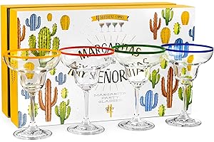 10 oz Margarita Cocktail Glasses + Colorful Party Rims | Set of 4 | Classic Frozen Drinks Stemware + Fun Cactus Gift Box | Th