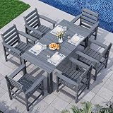 PamapicLife Outdoor HDPE Dining Table Set, 7-Piece Outdoor Dining Table Sets, Wood Grain Patio Furniture Sets with Umbrella Hole for Porch, Backyard, Gray