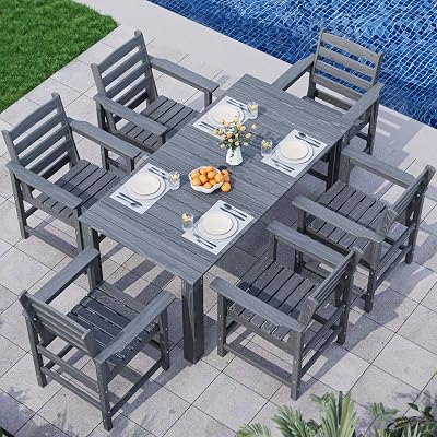 PamapicLife Outdoor HDPE Dining Table Set, 7-Piece Outdoor Dining Table Sets, Wood Grain Patio Furniture Sets with Umbrella Hole for Porch, Backyard, Gray