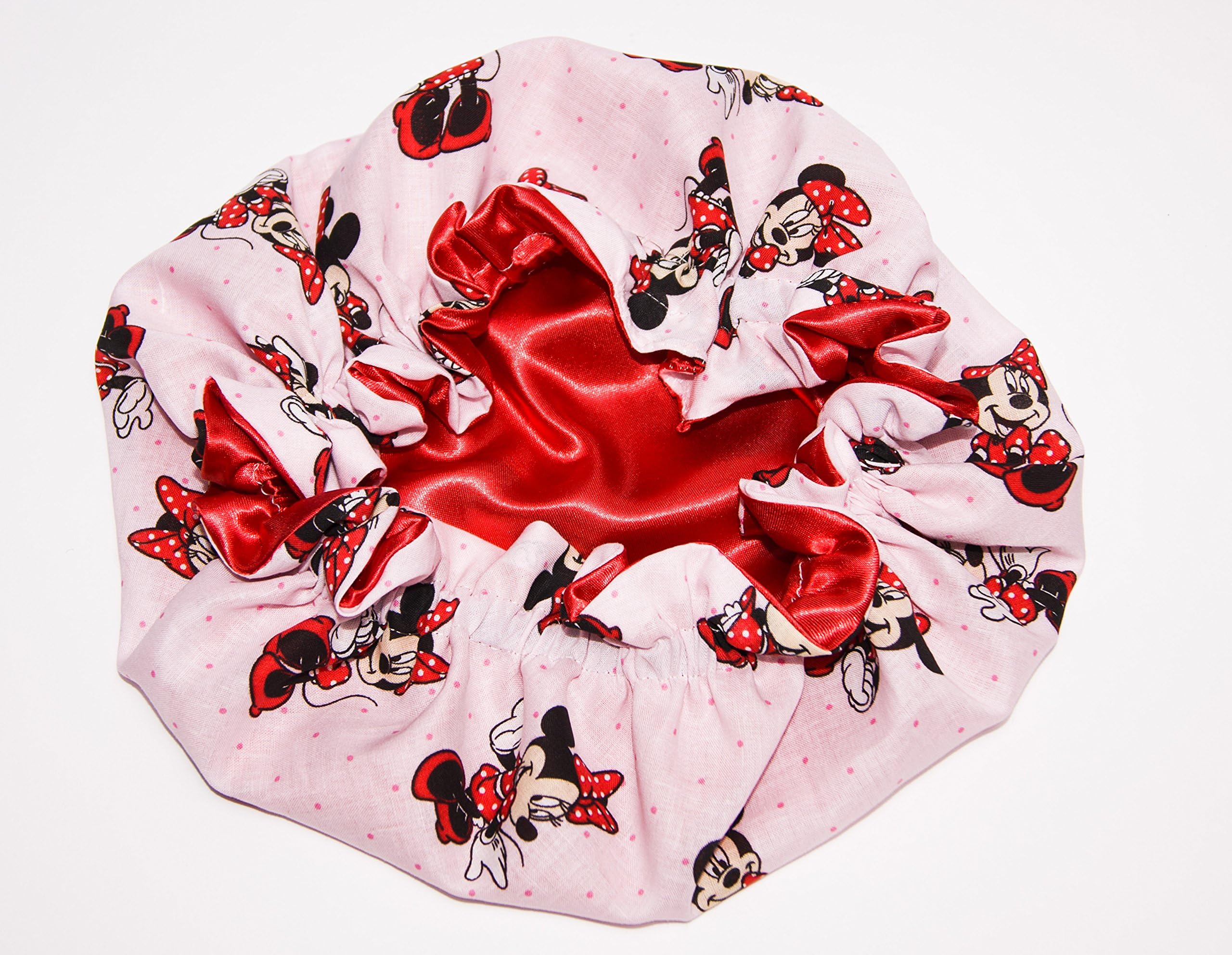 HANDCRAFTED RED Reversible Kids and toddlers SATIN BONNETs are lined with DISNEY MINNIE MOUSE Fabric (MADE IN USA) (KIDS MINNIE MOUSE, RED)
