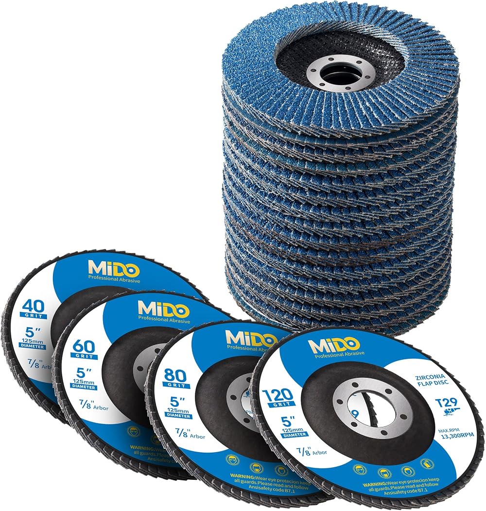 MIDO Professional Abrasive Flap Discs 125mm 20-Pack 40/60/80/120 Grit Type 29