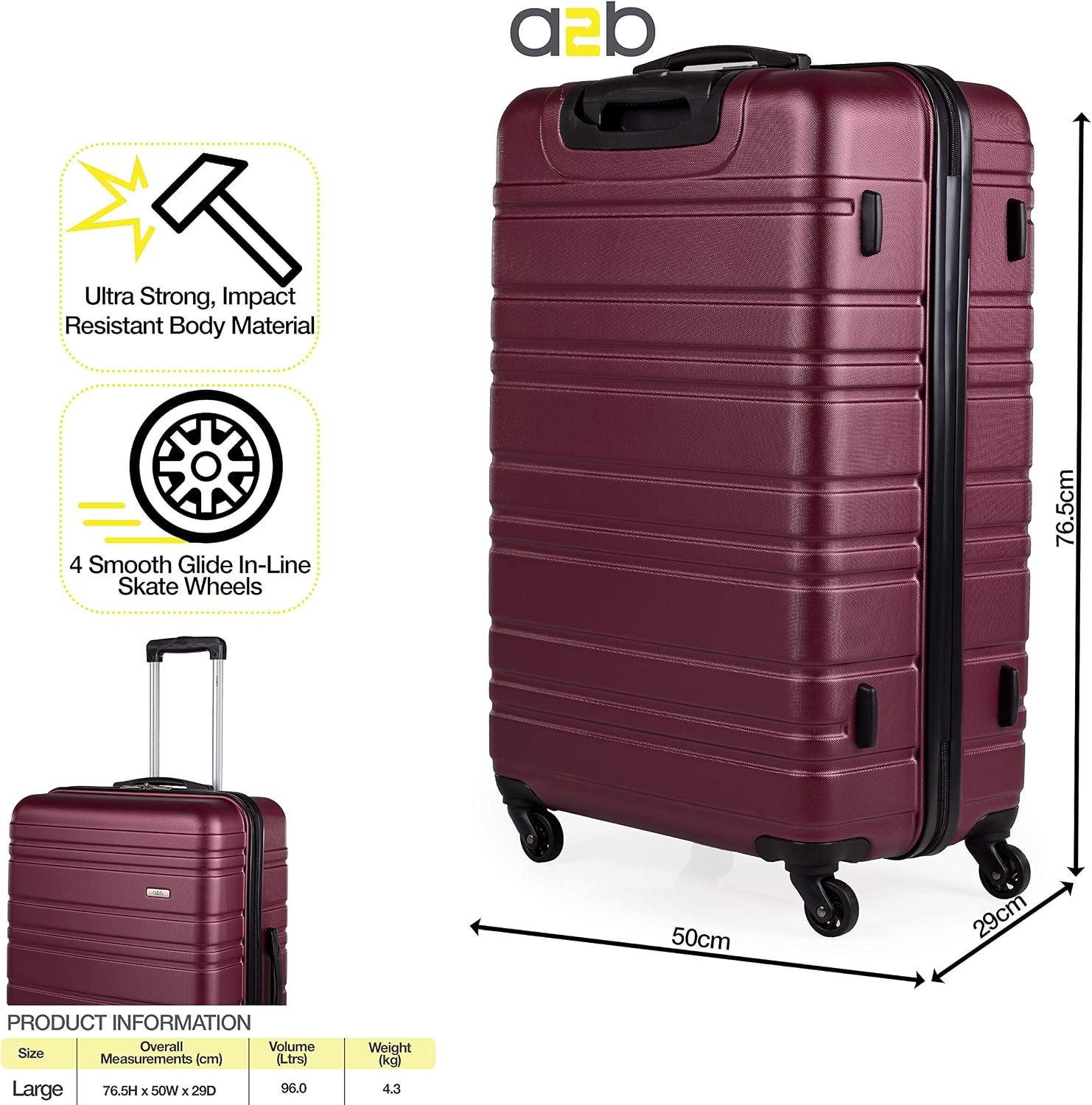 ABS Hard Shell 30 Inch Suitcase - Travel Luggage by A2B with 4 Spinner Wheels | Telescopic Drag Handle | Hard Sided Suitcases Weighing 4.3kg Cap 96L Height 76.5cm (Plum, Large) - Image 4