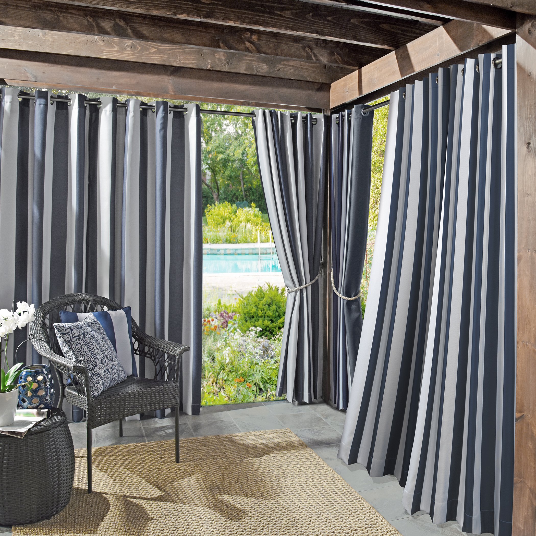 Sun Zero Valencia 2-Pack Cabana Stripe Indoor/Outdoor UV Protectant Energy Efficient Grommet Curtain Panel Pair, 54" x 84", Indigo
