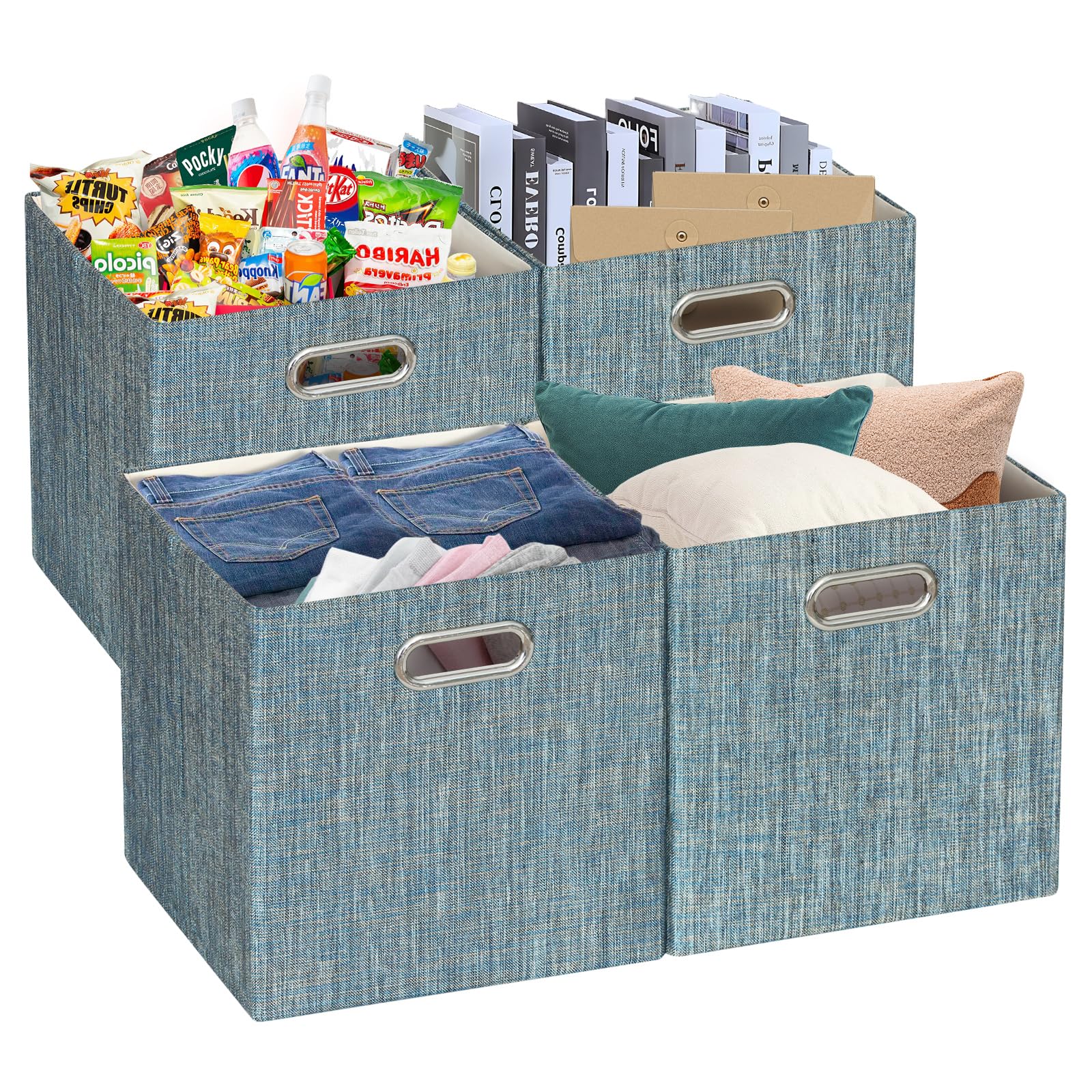 Posprica Storage Boxes, Foldable Organiser Cube Basket Bin, Thick and Heavy Duty (28×28×28cm/4pcs, Teal)