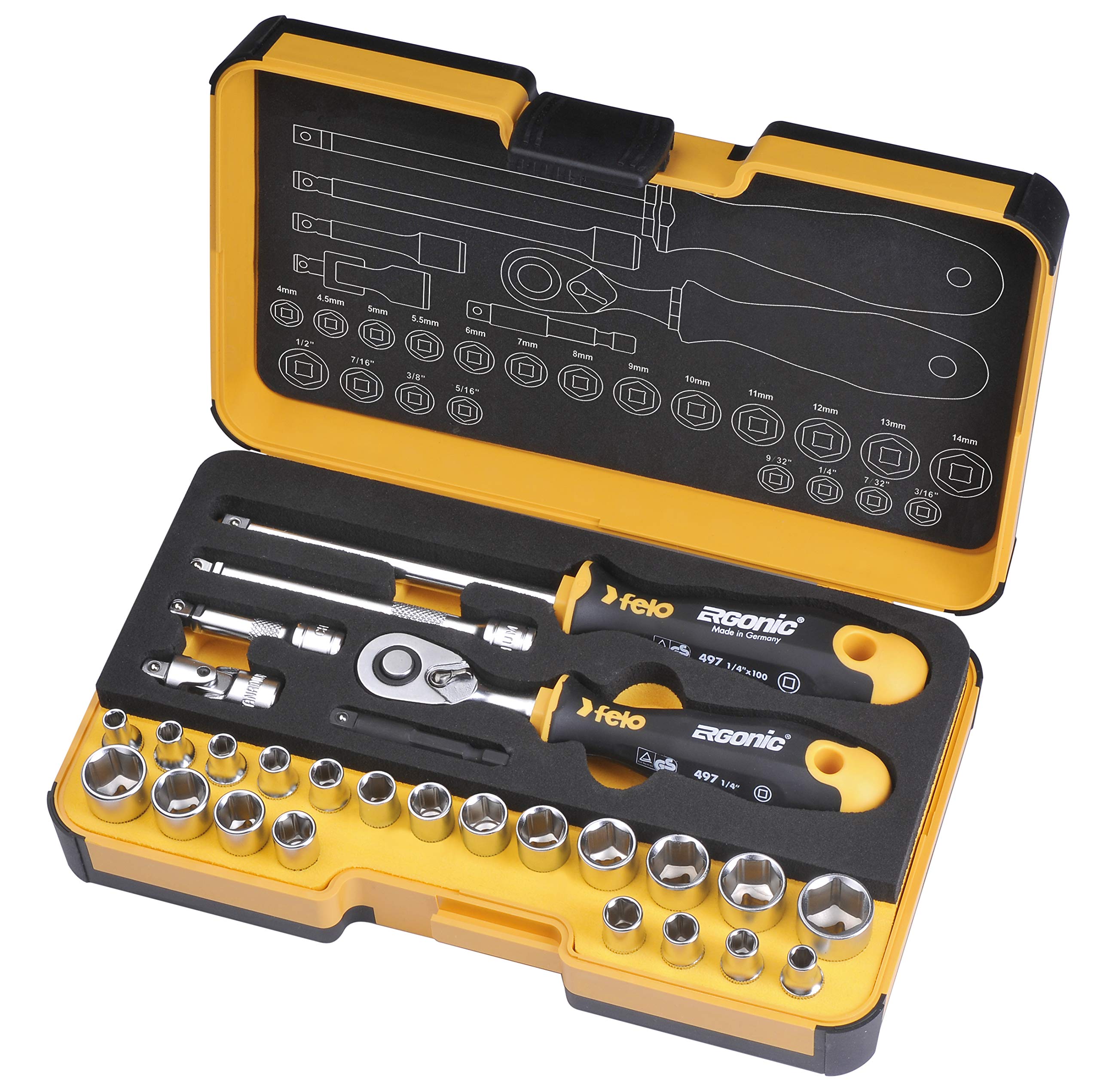 Felo R-GO 1/4 in. 27-Piece Ergonic Ratchet - Stubby - Multi-Tools Set MM and INCH